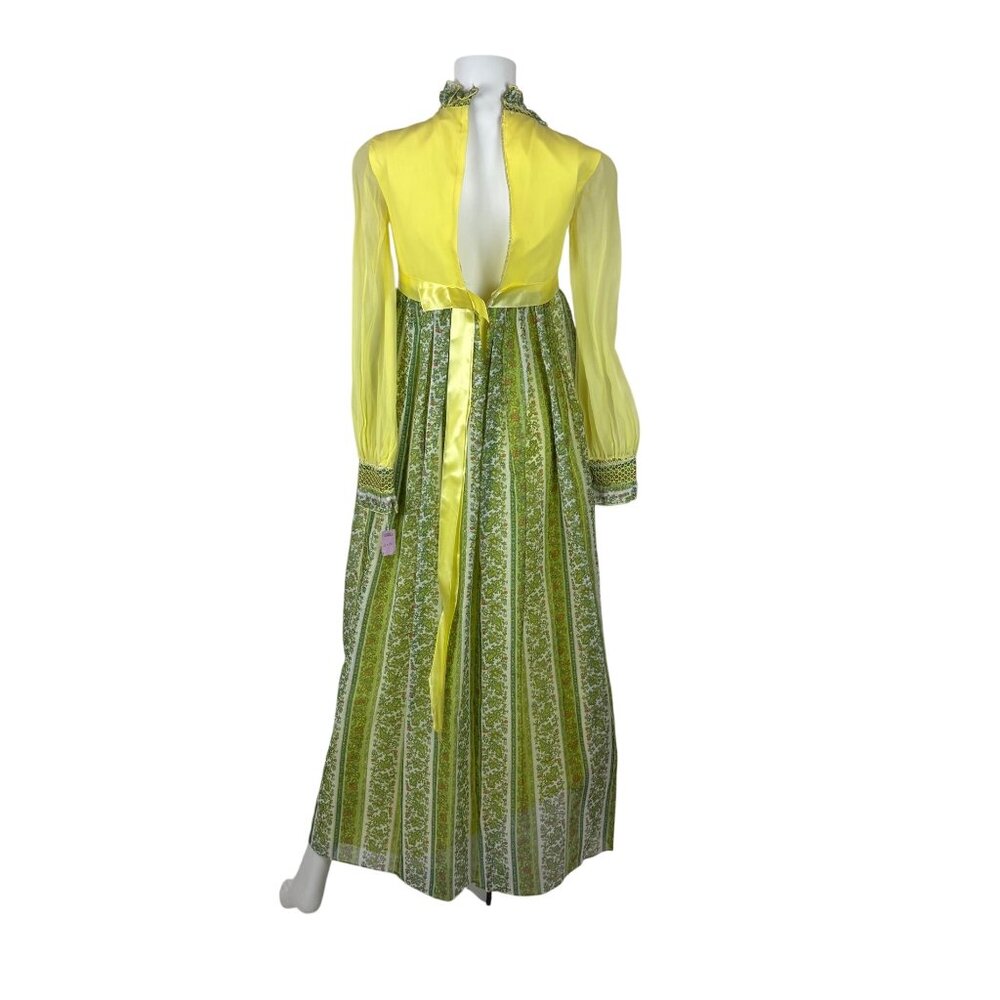Vintage 70s Maxi Dress Juniors Sheer Yellow Chiffon Sleeves Printed Skirt Bow - Picture 11 of 13